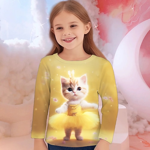 Mädchen 3D Graphic Karikatur Katze T-Shirt Langarm 3D-Druck Sommer Herbst Aktiv Modisch Kuschelig kinderkleidung 3-12 Jahre Outdoor Casual Täglich Regular Fit Image