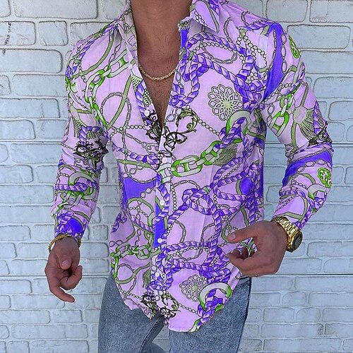 Herren Hemd Knopfhemd Langarm Designer Punk Gothic Ausgehen Frühling Sommer Stehkragen Patchwork Druck Blau Gelb Rote Purpur Image
