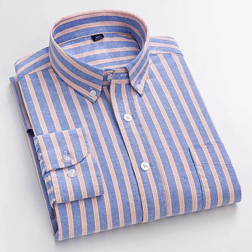 Herren Oberhemd Oxford Hemd Gestreift Hochzeit Outdoor Gelb Blau Grün Langarm Quadratischer Ausschnitt Frühling Herbst Bekleidung Button-Down Image