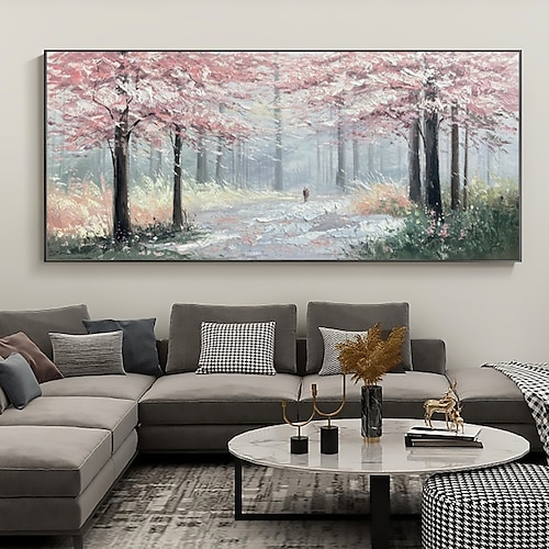 Handgefertigtes Ölgemälde auf Leinwand, Wandkunst, Original-Pink-Baum-Malerei, abstrakte Waldlandschaftsmalerei für Wohnkultur mit gestrecktem Rahmen/ohne Innenrahmen-Malerei Image