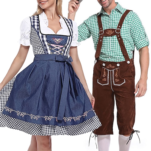 Oktoberfest Bluse / Hemd Dirndl Lederhosen Bayerisches Paar Oktoberfest-Paar Deutsch München Wiesn Herren Damen Stoff im traditionellen Stil Bluse Kleid Shorts Image
