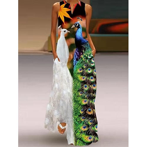 damen pfauenfeder tier lässiges kleid langes kleid maxikleid etuikleid sommerkleid lässig outdoor täglich wochenende tasche bedruckt ärmellos v-ausschnitt kleid regular fit weiß gelb rot frühling Image