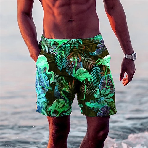 Herren Blatt Flamingo Grafik-Drucke Boardshorts Badeshorts Badehose Schwimmshorts Bademode Mittlere Taillenlinie Hawaiianisch Boho Casual Täglich Festtage Kordelzug mit Mesh-Futter Elastische Taille Image