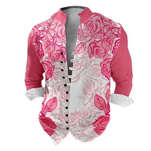 Herren Blumen Hemd Knopfhemd Langarm Lässig Alltagskleidung Ausgehen Wochenende Frühling Sommer Stehkragen Druck Button-Down Gelb Rosa Blau Purpur Image