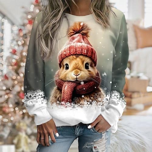 Damen Sweatshirt Pullover Kaninchen Casual Sport Print Sportbekleidung Festival Rundhals Langarm Top Mikroelastisch Herbstamp; Winter