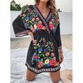 Damen Minikleid Casual kleid A Linie Kleid Boho-Kleid Ethnisch Boho A-Linie Urlaub Strasse Festtage Lockere Passform Blumen 3/4 Ärmel V Ausschnitt Schwarz Weiß Rosa Sommer Frühling