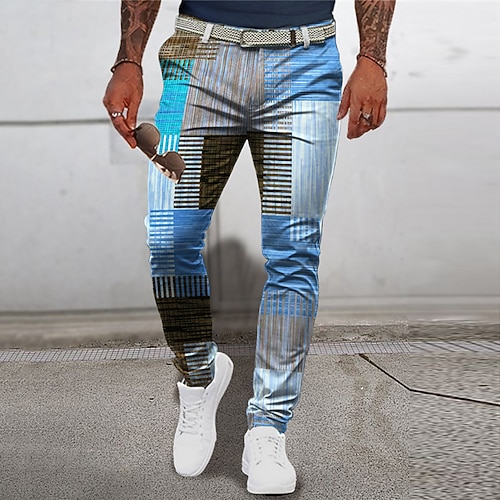 Plaid Geometrie Geschäftlich Herren 3D-Druck Hosen Hose Outdoor Strasse Tragen Sie, um zu arbeiten Polyester Blau Grün Khaki S M L Mittlere Taillenlinie Elastizität Hose