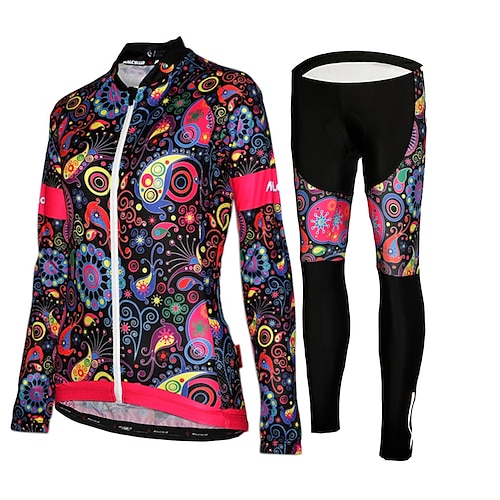 Damen Langarm Fahrradtrikots mit Fahrradhosen Winter Gitter Lycra Polyester Grün Schwarz Purpur Blumen Pflanzen Lustig Fahhrad Trikot / Radtrikot Strumpfhosen / Lange Radhose UV-beständig 3D-Pad Image