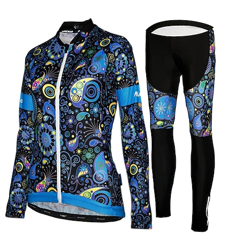Damen Langarm Fahrradtrikots mit Fahrradhosen Winter Gitter Lycra Polyester Grün Schwarz Purpur Blumen Pflanzen Lustig Fahhrad Trikot / Radtrikot Strumpfhosen / Lange Radhose UV-beständig 3D-Pad Image