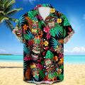 Tiki-Skulptur tropisches Herren-Resort-Hawaii-Hemd mit 3D-Druck, Knopfleiste, kurze Ärmel, Sommer-Strand-Hemd, Urlaub, Alltagskleidung, S bis 3XL