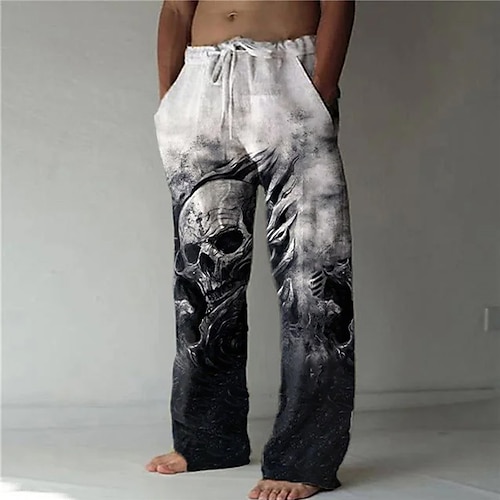 Herren Hose Hosen Sommerhosen Strandhose Kordelzug Elastische Taille 3D-Druck Totenkopf Motiv Grafik-Drucke Komfort Casual Täglich Festtage Strassenmode Hawaiianisch Gelb Blau Image