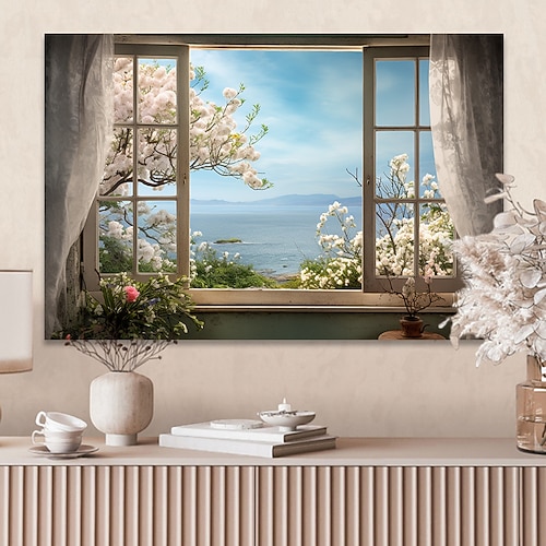 Landschafts-Wandkunst-Leinwand, falsches Fenster, Frühling, Kirschblüten, Drucke und Poster, Bilder, dekorative Stoffmalerei für Wohnzimmer, Bilder ohne Rahmen Image
