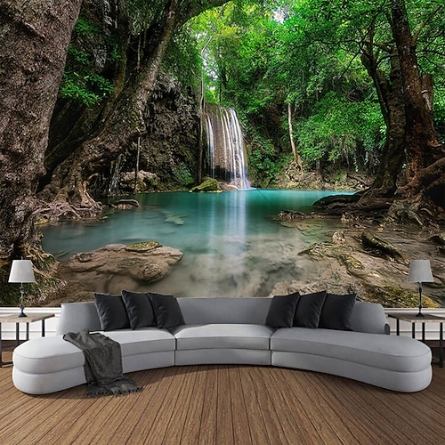 Wandteppich Wald Wasserfall Landschaft hängende Tapisserie Wandkunst große Tapisserie Wandbild Dekor Fotografie Hintergrund Decke Vorhang Zuhause Schlafzimmer Wohnzimmer Dekoration Wandtuch XXL Natur Image