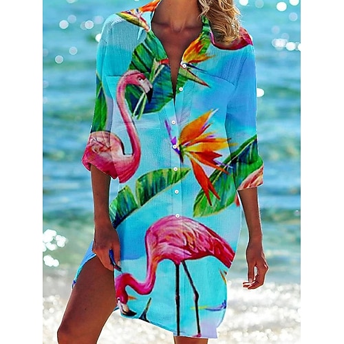 Damen Mini Kleid Hemd Kleid Hawaiian Shirts Fließend Blau Grün Tierisch Floral Taschen Druck Langarm Urlaub Freizeit V-Ausschnitt Lang Sommer Urlaub Kleidung Strandmode Image