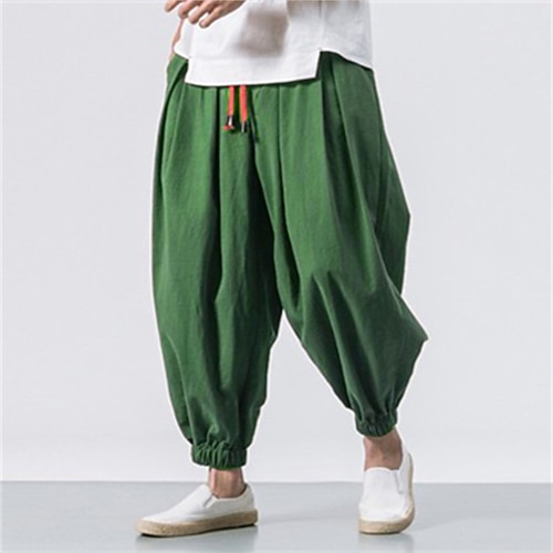 Herren Jogginghose Leinenhosen Hose Sommerhose Strandhose Kordelzug Elastischer Bund Tiefbund Einfach Täglich Fitnessstudio Streetwear Lässig Hip-Hop Lässiger Schnitt Schwarz Weiß Image
