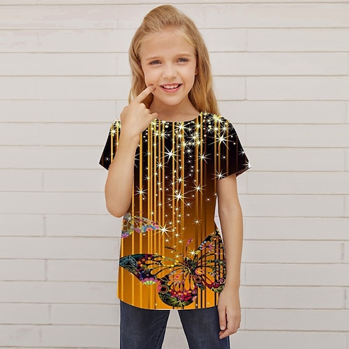 Mädchen 3D Tiermotiv Schmetterling T-Shirt Kurzarm 3D-Druck Sommer Frühling Aktiv Mode Niedlich Kinder 3-12 Jahre Outdoor Täglich Innen Normale Passform Image