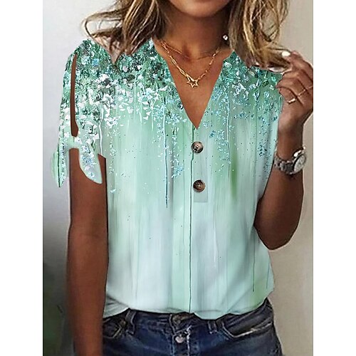 Damen T Shirt Ausschnitt Knöpfe Druck Grafik Basic Kurzarm V Ausschnitt Normale Oberteile Täglich Wochenende Blau Rosa Grün Khaki Grau Image