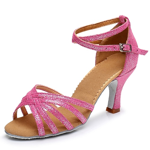 Schwarze Glitzer-Lateinamerika-Tanzschuhe für Damen – Riemchen-Ballsaal-Pumps mit offenem Zehenbereich, Knöchelriemen und bequemer Wildledersohle, perfekt für Salsa-, Lateinamerika- und Tango-Tanz Image