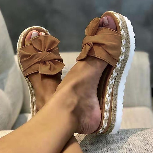 Weiße Espadrille-Plateau-Sandalen mit Schleife für Damen – lässige Sommer-Wedges zum Hineinschlüpfen mit geflochtener Jutesohle Image