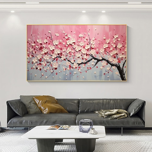 Handgefertigtes Ölgemälde auf Leinwand, Wandkunst, Dekor, rosa, originaler blühender Baum, Heimdekoration mit gespanntem Rahmen, ohne Innenrahmen Image