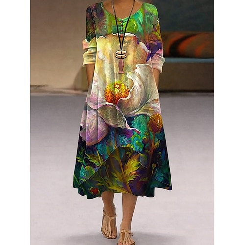 damen freizeitkleid swingkleid langes kleid maxikleid grün blau khaki langarm tier tasche frühling sommer v-ausschnitt frühlingskleid wochenende lockere passform 2023 s m l xl xxl 3xl 4xl Image