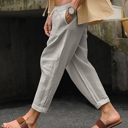 Herren Leinenhosen Hose Sommerhose Strandhose Kordelzug Elastischer Bund Gerader Schnitt Einfach Komfort Atmungsaktiv Lässig Täglich Ferien Mode Klassicher Stil Schwarz Weiß Image