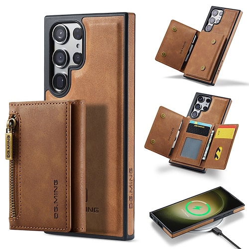 Handy Hülle Handyhüllen Für Samsung Galaxy S25 S24 S23 S22 Plus Ultra S23 FE Rückseite Brieftaschenhülle Mit Magsafe Mit Ständer Magnetisch Reisverschluss Retro TPU PC PU-Leder Image
