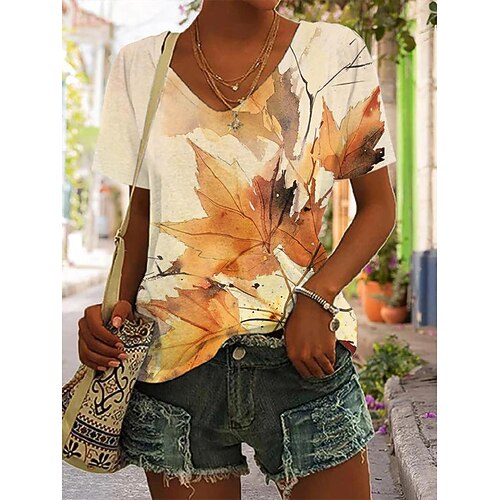 Damen T-Shirt Basic Neonamp;heller abstrakter Druck Kurzarm normale Oberteile V-Ausschnitt Alltag Wochenende Gelb Blau Gold Hellblau Image