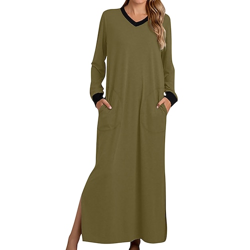 Damen-Schlafanzug, Nachthemd, Nachthemdkleid, Patchwork, schlicht, lässig, weich, für zu Hause, Alltagsbett, Elasthan, warm, atmungsaktiv, V-Draht, lange Ärmel, Tasche, Sommer, Frühling, Heim-Outfits Image
