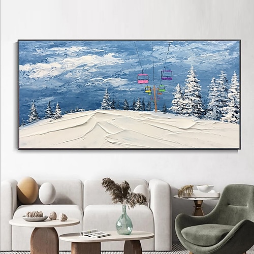 Originales weißes Schnee-Ski-Gemälde auf Leinwand, handgemaltes Bergkunst-Textur-Wandbild, personalisiertes Geschenk, horizontale Leinwand-Wandkunst ohne Rahmen Image