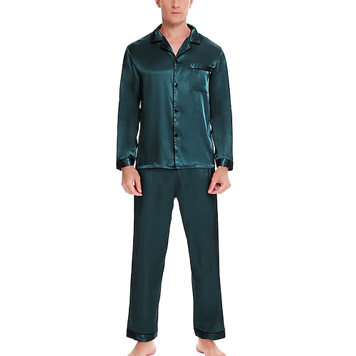 Herren Hausanzug Satin Seide Schlafanzüge Schlafanzug Set 2 Stück Einfarbig Modisch Komfort Weich Heim Bett Kunstseide Polyester Komfort Atmungsaktiv V-Wire Ausschnitt Langarm Hose Grundlegend Image