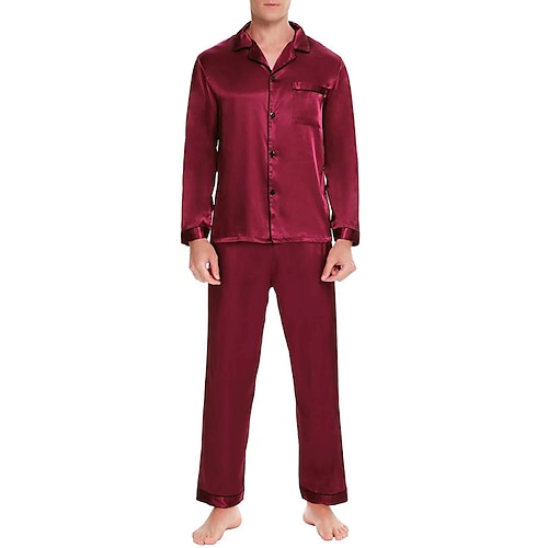 Herren Hausanzug Satin Seide Schlafanzüge Schlafanzug Set 2 Stück Einfarbig Modisch Komfort Weich Heim Bett Kunstseide Polyester Komfort Atmungsaktiv V-Wire Ausschnitt Langarm Hose Grundlegend Image