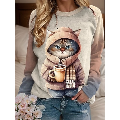 Damen Sweatshirt Pullover Katze Casual Sports Active Sportswear Rundhals Langarm Top Mikroelastisch Herbstamp;Winterkomfort, atmungsaktives, weiches Gewebe
