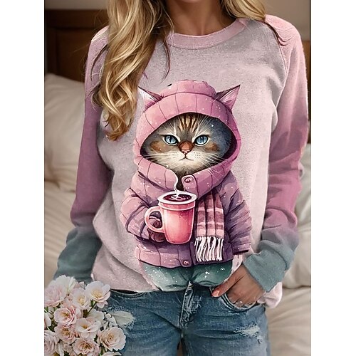 Damen Sweatshirt Pullover Katze Casual Sports Active Sportswear Rundhals Langarm Top Mikroelastisch Herbstamp;Winterkomfort, atmungsaktives, weiches Gewebe