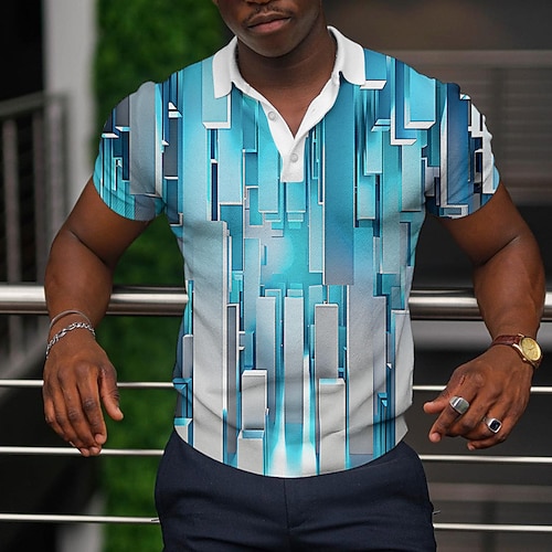 Herren Geometrisch Waffel-Poloshirts Golfshirt Kurzarm Polo-Shirts Hemden mit Kragen Lässig Urlaubskleidung Formelle Kleidung Festivalkleidung 3D-Druck Knöpfe Blau Gelb Violett Image
