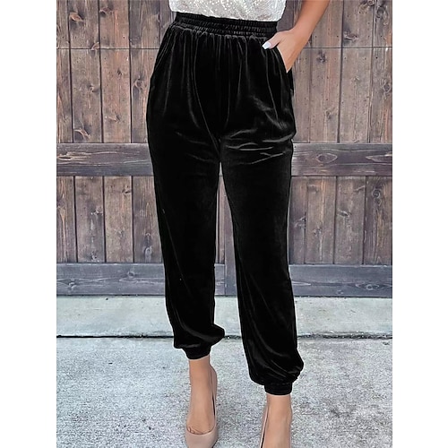 Damen-Jogginghose, Jogger, Samthose, Hose, lange Tasche, mikroelastisch, hohe Taille, Mode, Streetwear, Party, dunkelbraun, schwarz, S, M, Herbstamp; Winter Image