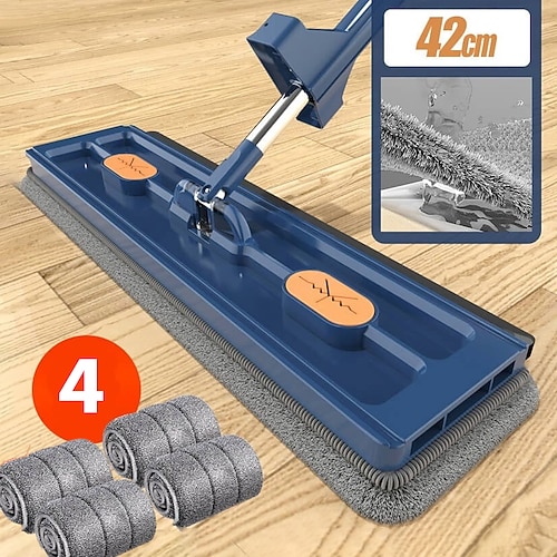 Großer Flachmopp, um 360° drehbarer, großflächiger Mikrofaser-Flachmopp mit Entwässerungsschaber, Edelstahl-Langstielmopp für Boden und Fenster Image