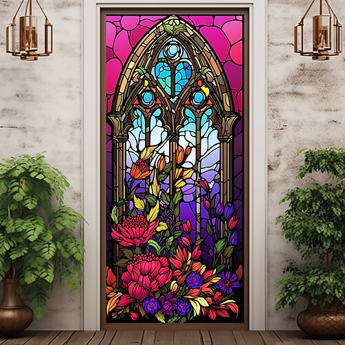 Buntglas-Mandala-Türabdeckungen, Wanddekoration, Türteppich, Türvorhang, Dekoration, Hintergrund, Türbanner, abnehmbar, für Haustür, Innen- und Außenbereich, Heimdekoration, Bauernhaus-Dekoration Image