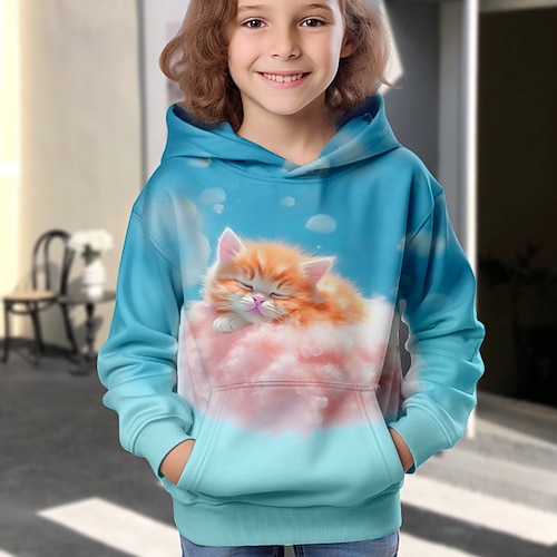 Mädchen 3D Karikatur Katze Kapuzenshirt Pullover Langarm 3D-Druck Herbst Winter Aktiv Modisch Kuschelig kinderkleidung 3-12 Jahre Outdoor Casual Täglich Regular Fit Image