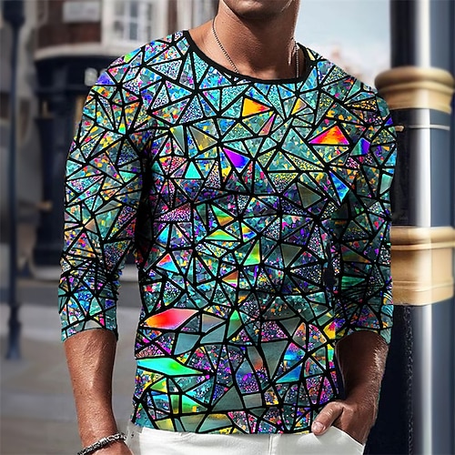 Herren Grafik Geometrisch T Shirt Langarm T-Shirt 3D-Druck Rundhalsausschnitt Hemd Vintage Mode Designer Outdoor Täglich Sport Königliches Blau Blau Grün Frühling Herbst Bekleidung S M L XL 2XL 3XL Image