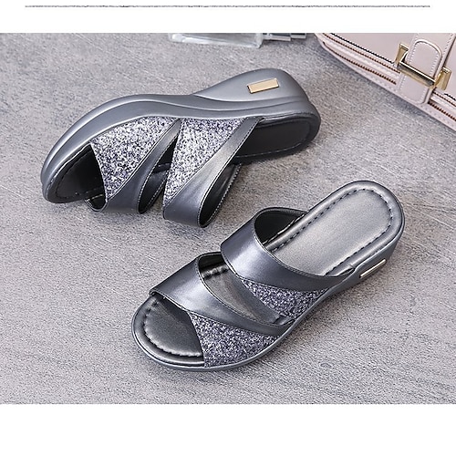 Glitzernde Keilsandaletten für Damen – goldene Slip-On-Plateauschuhe mit bequemer Sohle für Freizeit und Party Image