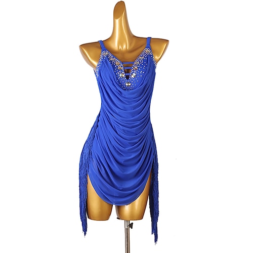 Tanz-Salsa-Latin-Tanzkleid, Quaste, reine Farbe, Spleißen, Damen-Performance, Party, ärmellos, Chinlon-Mesh, Spandex Image