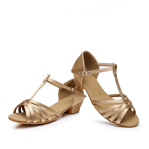 Weiße Riemchen-Lateintanzschuhe für Mädchen – bequeme und stylische T-Riemchen-Sandalen mit niedrigem Absatz und weicher Wildledersohle für Gesellschaftstanz und Salsa Image