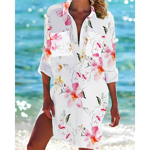Damen Mini Kleid Hemd Kleid Hawaiian Shirts Fließend Mode Knöpfe Druck Langarm Lang Hemdkragen Freizeit Urlaub Strand Weiß Blau Lila Sommer Urlaub Kleidung Strandmode Image