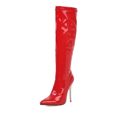 Kniehohe Stiefel aus rotem Lackleder für Damen, sexy Stilettoabsatz mit metallischem Akzent, gewagter Ausgeh- und Partystil Image
