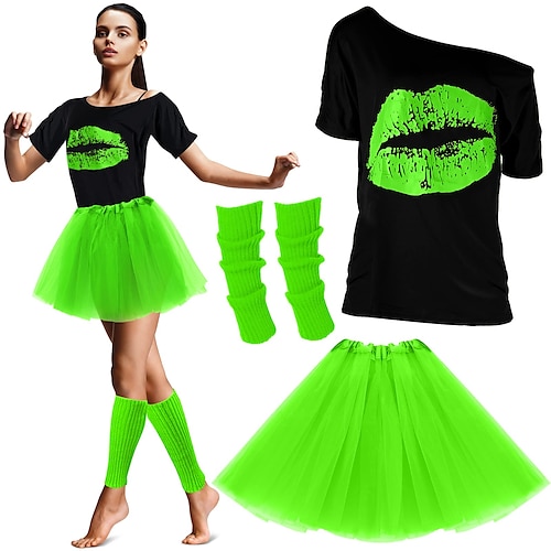 80er-Jahre-Outfits, Kostüme für Damen, 1980er-Jahre-Accessoires, Beinstulpen, T-Shirt mit Lippendruck, Tutu, Halloween-Party, Karneval Schlager Outfit Image