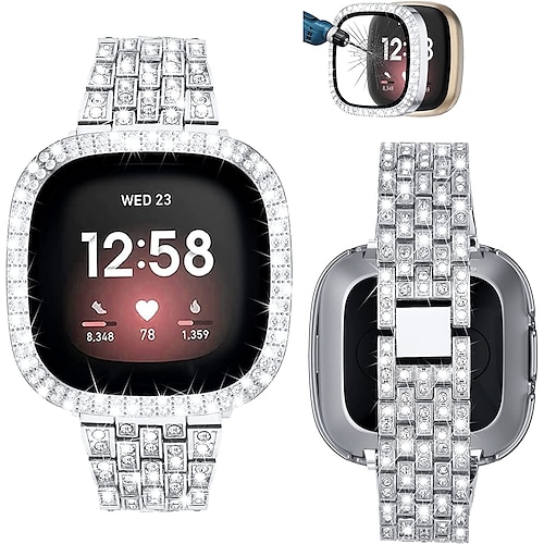 Smartwatch-Armband kompatibel mit Fitbit Versa 3 / Sense / Versa 4 / Sense 2 Bling Diamond Metallarmband Ersatz mit Displayschutzfolie für Fitbit Versa 3 / Sense / Versa 4 / Sense 2 Image