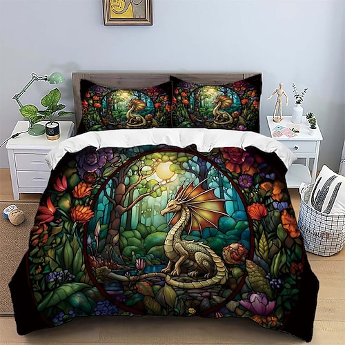 2-teiliges/3-teiliges Retro-Retro-Bettwäsche-Set mit abstraktem Feuer-Drachen-Muster, Bettbezug, leicht und weich, geeignet für Erwachsene und Kinder, großes Bett, kleines Bett-Set Image