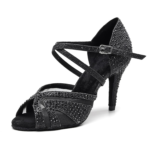 Silberne Tanzschuhe mit Strasssteinen und überkreuzten Riemchen für Damen – offene Zehenpartie für Standard- und lateinamerikanische Tanzschuhe Image