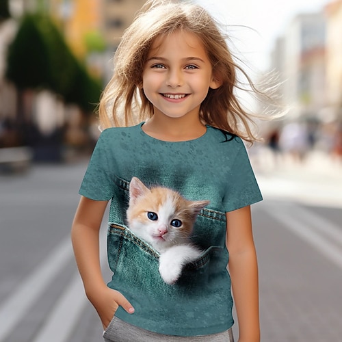 Mädchen 3D Katze T-Shirt Hemden Kurzarm 3D-Druck Sommer Aktiv Modisch Kuschelig kinderkleidung 3-12 Jahre Rundhalsausschnitt Outdoor Casual Täglich Regular Fit Image